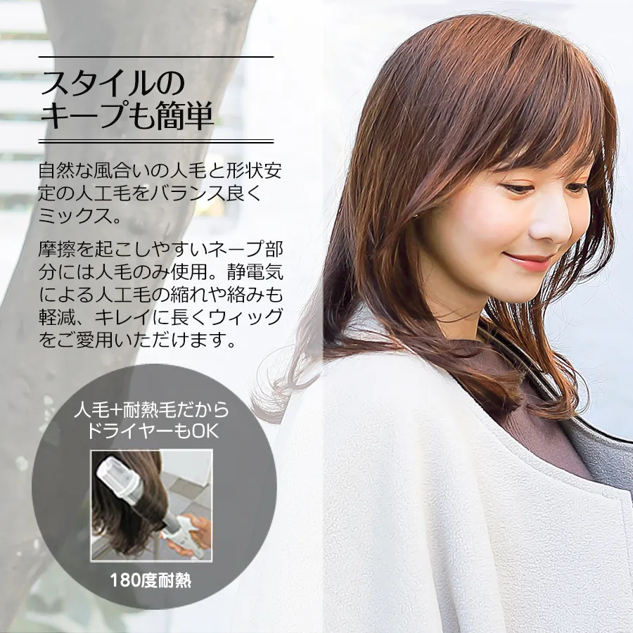 医療用ウィッグストーリー/人毛+耐熱毛だからドライヤーOKでスタイルキープも簡単